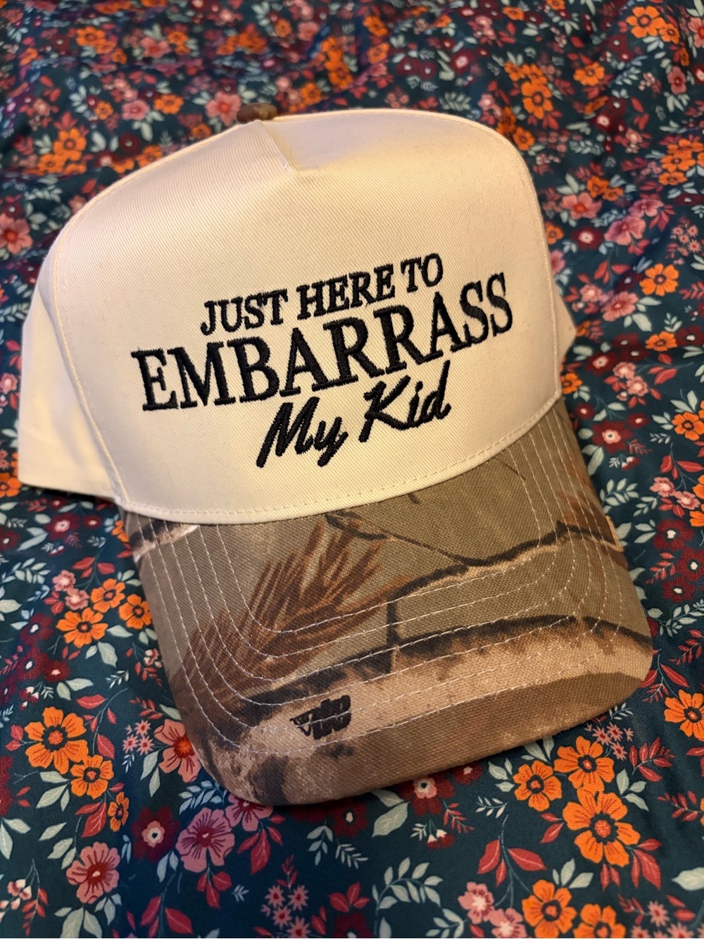 Natural & Camo Trucker Hat - "Just Here to Embarrass My Kid"